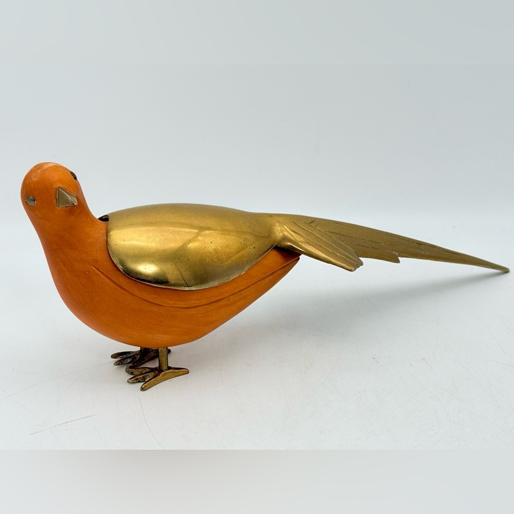 Vintage Carved Wood Bird with Brass Feather Tail | Folk Art Decor